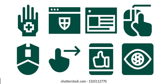 click icon set. 8 filled click icons.  Simple modern icons about  - Mouse, Hand, Swipe right, Website, Like, Web, Capture, Clicking
