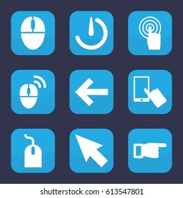 Click icon. set of 9 filled click icons such as finger on display, pointing, mouse, touchscreen, stopwatch camera, computer mouse, pointer