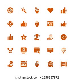 click icon set. Collection of 25 filled click icons included Scroll, Power, Hand, Website, Internet, Like, Thumbs up, Buttons, Cursor