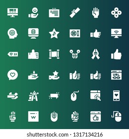 click icon set. Collection of 36 filled click icons included Computer mouse, Like, Hand, Domain, Likes, Website, Button, Power, Hands, Url, Internet, Scroll, Thumbs up, Buttons