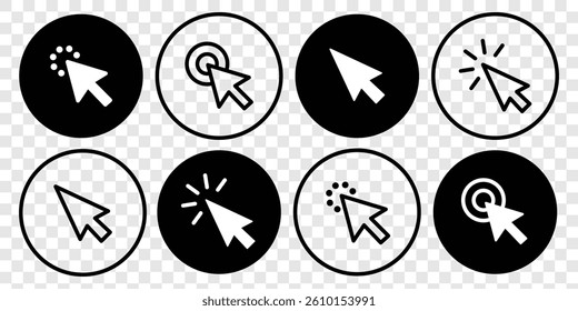 Click icon set. Cursor pointer clicking symbol collection. Pointer arrow icon. Hand click cursor. Press, touch and tap with finger sign illustration.