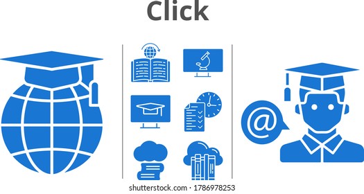 click icon set. included cloud library, cloud, test, school, student, learning, microscope icons. filled styles.