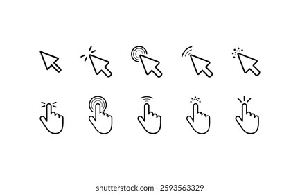 Click icon set. pointer arrow, cursor icon vector. Hand cursor vector set. click vector, hand click, pointer icon. Computer mouse click cursor icon set. Hand and arrow pointer cursor stock vector.