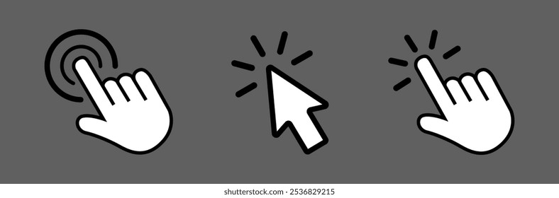 Click icon set vector illustration, Pointer arrow symbol, Cursor icon, Computer mouse click cursor-icon, Hand and arrow pointer cursor, Pointer cursor сomputer mouse icon. Pointer cursor sign.