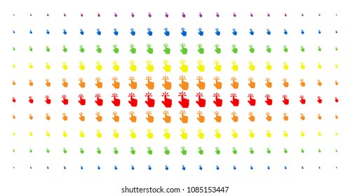 Click icon spectrum halftone pattern. Vector click items are organized into halftone matrix with vertical rainbow colors gradient. Constructed for backgrounds, covers,