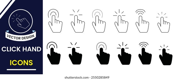 Click icon, vector set. Hand click icon, vector mouse pointer with stroke line. Computer mouse click cursor Pointer, hand click sign and symbol. Vector illustration.