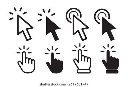 Click icon vector set. Hand and arrow pointer cursor. Cursor pointer clicking symbol collection. Press, touch and tap with finger sign. Vector Illustration