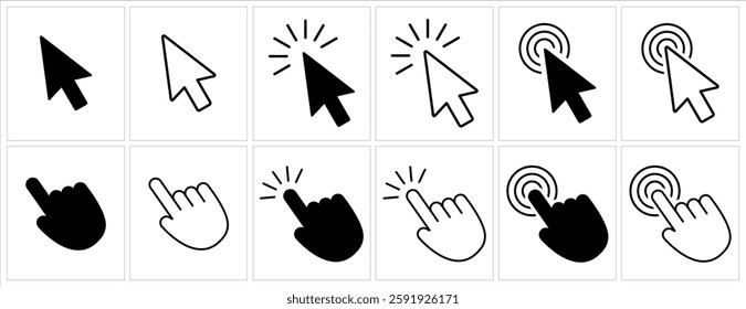 Click Icon Vector Set Isolated on white background, Mouse pointer arrow and Hand, Cursor clicking vector, Vector illustration, pointer arrow icon, cursor vector set