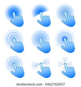 Click icons. Interactive touch gesture, hand pointer clicking, pressing and tapping with ripple effect. Digital touchscreen touch action vector set of pointer touch illustration