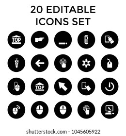 Click icons. set of 20 editable filled click icons such as pointer on display, finger on display, mouse, top of cargo box. best quality click elements in trendy style.