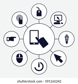 click icons set. Set of 9 click filled icons such as pointer on display, finger on display, pointing, mouse, remote control, touchscreen, stopwatch camera