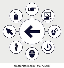 click icons set. Set of 9 click filled icons such as pointer on display, pointing, mouse, remote control, stopwatch camera, computer mouse, pointer