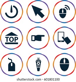 click icons set. Set of 9 click filled icons such as finger on display, pointing, mouse, top of cargo box, remote control, stopwatch camera, computer mouse