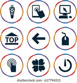 Click icons set. set of 9 click filled icons such as pointer on display, mouse, top of cargo box, remote control, touchscreen, stopwatch camera, hands