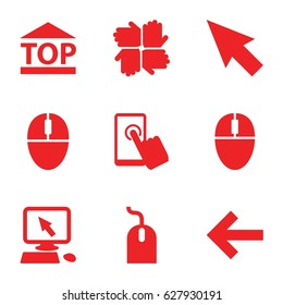Click icons set. set of 9 filled icons such as pointer on display, mouse, top of cargo box, touchscreen, pointer, hands