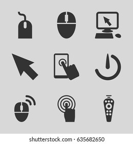 Click icons set. set of 9 click filled icons such as pointer on display, mouse, remote control, touchscreen, stopwatch camera, computer mouse
