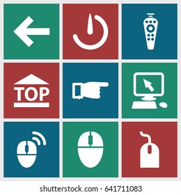 Click icons set. set of 9 click filled icons such as pointer on display, pointing, mouse, top of cargo box, remote control, stopwatch camera, computer mouse