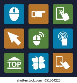 Click icons set. set of 9 click filled icons such as finger on display, pointing, top of cargo box, touchscreen, computer mouse, pointer, hands