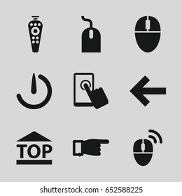 Click icons set. set of 9 click filled icons such as pointing, mouse, top of cargo box, remote control, stopwatch camera, computer mouse, touchscreen