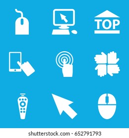 Click icons set. set of 9 click filled icons such as pointer on display, finger on display, mouse, top of cargo box, remote control, touchscreen, pointer
