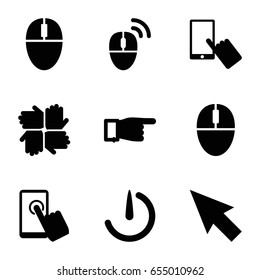 Click icons set. set of 9 click filled icons such as finger on display, pointing, mouse, stopwatch camera, computer mouse, touchscreen, pointer