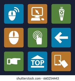 Click icons set. set of 9 click filled icons such as pointer on display, finger on display, pointing, top of cargo box, remote control, touchscreen, mouse, computer mouse