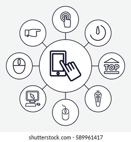click icons set. Set of 9 click outline icons such as pointer on display, finger on display, pointing, mouse, top of cargo box, remote control, touchscreen