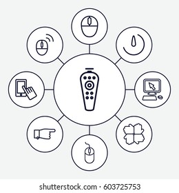 Click icons set. set of 9 click outline icons such as pointer on display, finger on display, pointing, mouse, remote control, stopwatch camera, computer mouse