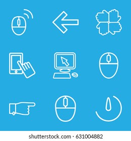 Click icons set. set of 9 click outline icons such as pointer on display, finger on display, pointing, mouse, stopwatch camera, computer mouse, hands