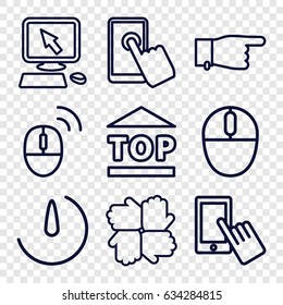 Click icons set. set of 9 click outline icons such as pointer on display, finger on display, pointing, top of cargo box, mouse, stopwatch camera, computer mouse, hands