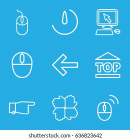 Click icons set. set of 9 click outline icons such as pointer on display, pointing, mouse, top of cargo box, stopwatch camera, computer mouse, hands