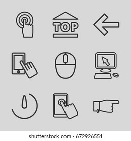 Click icons set. set of 9 click outline icons such as pointer on display, finger on display, pointing, top of cargo box, touchscreen, mouse, stopwatch camera