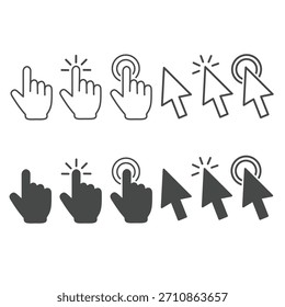 Conjunto de iconos de Hacer clic, mano y símbolos de Hacer clic de cursor