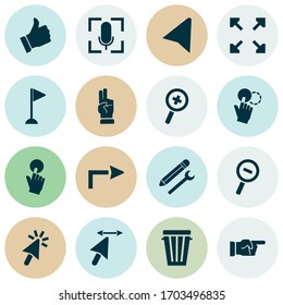 Click icons set with zoom in, click, flag mark and other like elements. Isolated vector illustration click icons.