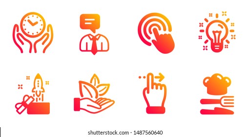 Click, Idea and Support service line icons set. Touchscreen gesture, Organic product and Safe time signs. Innovation, Food symbols. Cursor pointer, Creativity. Business set. Vector