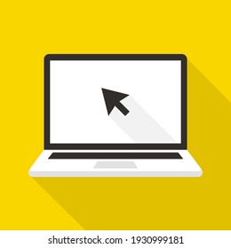 Click in laptop flat vector icon. Concept of using a personal computer. Arrow cursor mouse clicking on computer screen in cartoon style. Vector illustration.