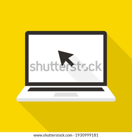 Click in laptop flat vector icon. Concept of using a personal computer. Arrow cursor mouse clicking on computer screen in cartoon style. Vector illustration.