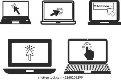 Klicken Sie in Laptop-Symbol, Desktop-Symbol, schwarzer Vektorgrafik