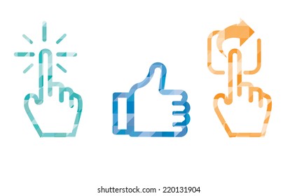 "Click Like Share" icon in polygons style,hand cursor and like thumb up and share icon in isolated on white background