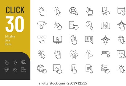 
Click Line Editable Icons set. Vector illustration in modern thin line style of cursor related icons: arrow, hand, mouse, button, and more. Pictograms and infographics
