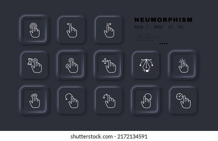 Haga clic en el icono de línea. Presión, sensor, mano, deslizamiento, dedo índice, almohadilla táctil, punteo, presión, zoom, desplazamiento. Concepto de pantalla táctil. Estilo neomorfista. Icono de línea de vector para negocios y publicidad