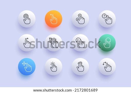 Click line icon. Pressing, sensot, hand, sliding, index finger, touch pad, tap, pressure, zoom out, scrolling. Touch screen concept. Neomorphism style. Vector line icon for Business and Advertising