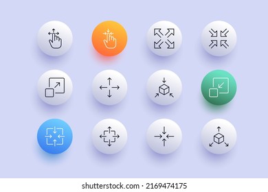 Click line icon. Pressing, sliding, full screen, tap, pressure, zoom out, scrolling, 3d object. Touch screen concept. Neomorphism style. Vector line icon for Business and Advertising