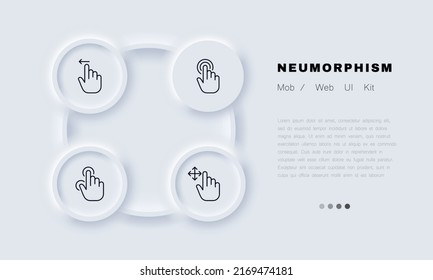 Haga clic en el icono de línea. Presión, deslizamiento, dedo índice, almohadilla táctil, grifo, presión, zoom, desplazamiento. Concepto de pantalla táctil. Estilo neomorfista. Icono de línea de vector para negocios y publicidad