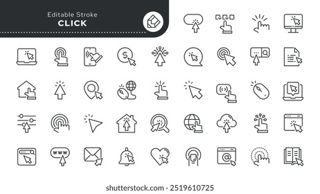 Conjunto de iconos de línea de Hacer clic. Cursor, dedo, mano, ratón, puntero y más. Icono de Vector de contorno en estilo lineal. Colección conceptual del pictograma.	

