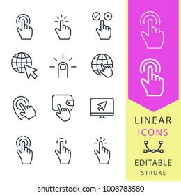Click - line vector icon set. Editable stroke. Pointer, cursor, press, finger, ets.