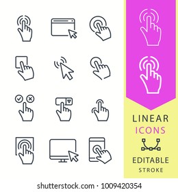 Pulse en - conjunto de iconos vectoriales de línea. Trazo editable. Puntero, cursor, prensa, dedo, set.