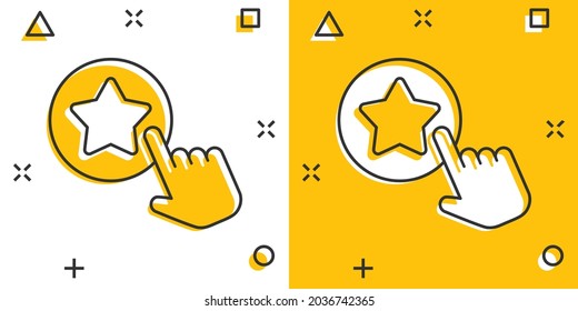 Click loyalty card icon in comic style. Hand on reward cartoon vector illustration on white isolated background. Discount splash effect business concept.