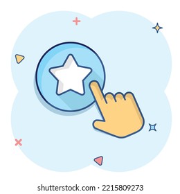 Click loyalty card icon in comic style. Hand on reward cartoon vector illustration on white isolated background. Discount splash effect business concept.