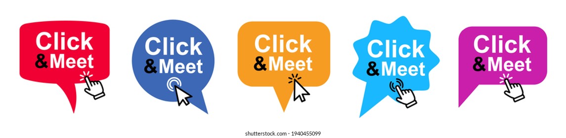 Click and meet set chat bubble button with click hand and arrow – stock vector